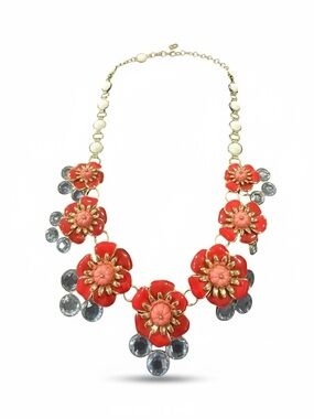 Talbots Red Enamel Floral Statement Necklace with Crystal Drops